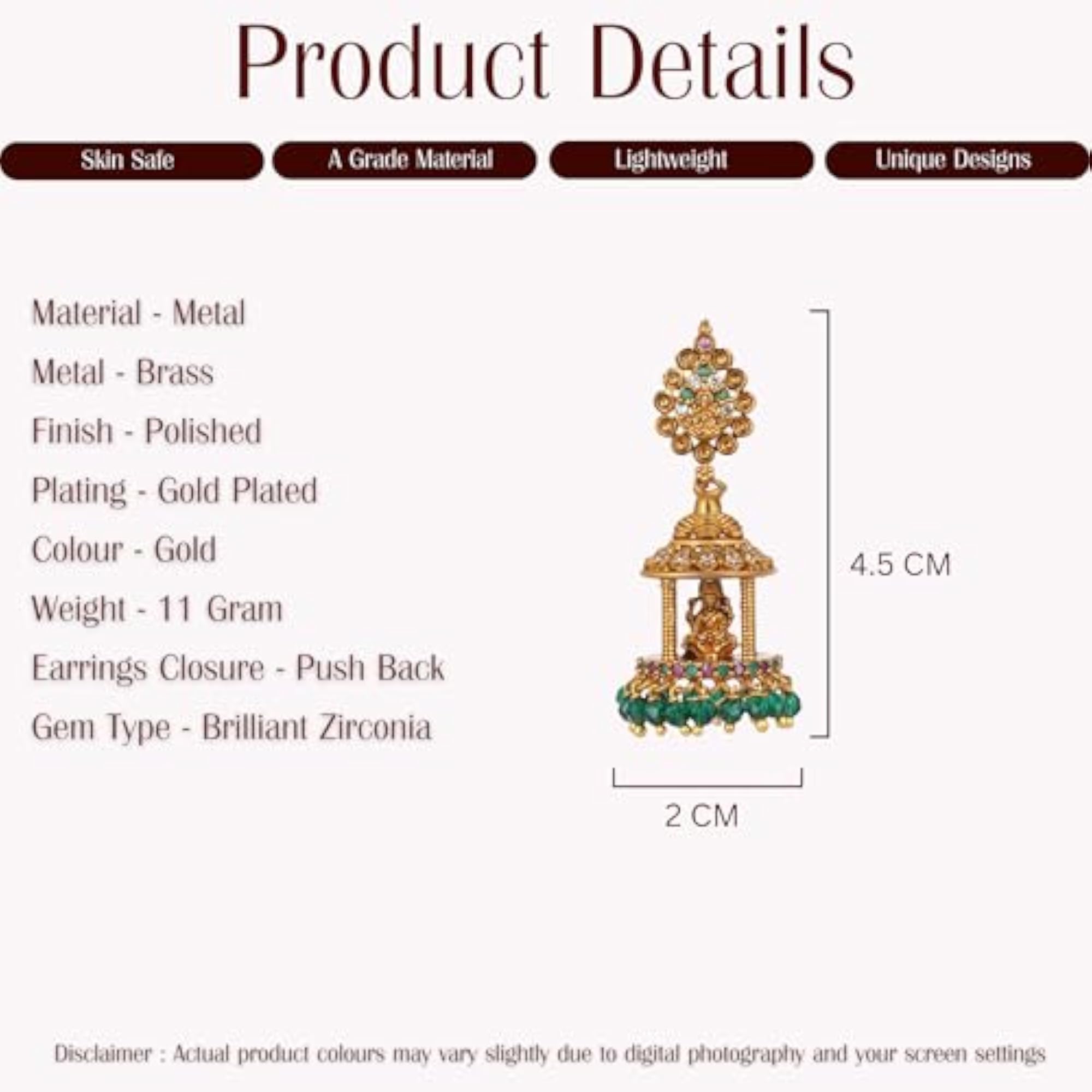 Temple Jewellery Lakshmi Jhumka Earrings, Gold Plated