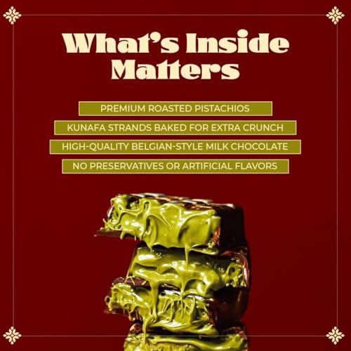 7 BAZAARI Authentic Dubai Chocolate Pistachio Kunafa Dessert 100 gm, 10Pcs – Made with Premium Milk Chocolate & American Pistachios |Arabic Sweets with Crispy Kunafa Pack of 1