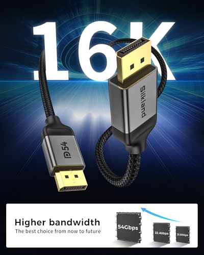 Image of Silkland 16K DisplayPort Cable 2.1 2 m [VESA Certified], 8K @ 144Hz, 4K @ 240Hz 360Hz 540Hz, HDR FreeSync G-Sync 3D VRR 54Gbps DP Cable 2.1 for Graphics Cards RTX 5090 4090 7900XTX Gaming Monitor PC