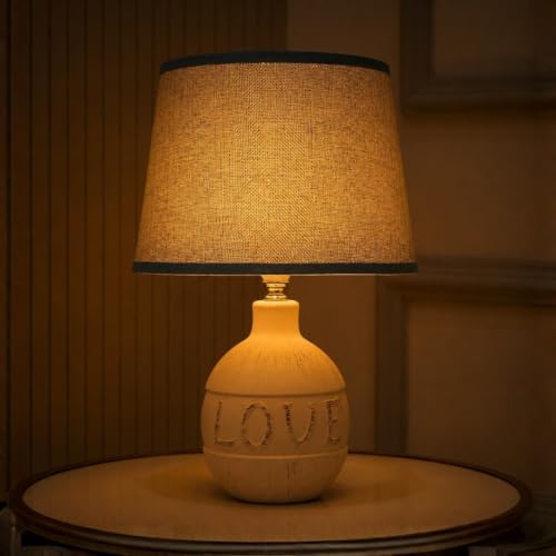 Image of ELARE Love Printed Table Lamp with Blue Fabric Shade & LED Bulb - Romantic Gift for Girlfriend, Boyfriend, Wife, Husband, Couples, Anniversary, Valentine's Day, Bedroom Bedside Lamp, 36 cm