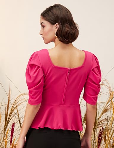 Image of Amazon Brand - Eden & Ivy Women Solid Crepe Square Neck Puff Sleeve Regular Fit Peplum Knit Top (Available in Plus Sizes)