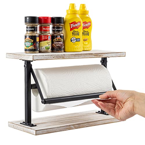 Mygift Freestanding Matte Black Metal Paper Towel Roll Holder With Shabby Chic Whitewashed Wood Top Display Shelf And Base, Kitchen Countertop Towel Dispenser Storage Rack #TOP26