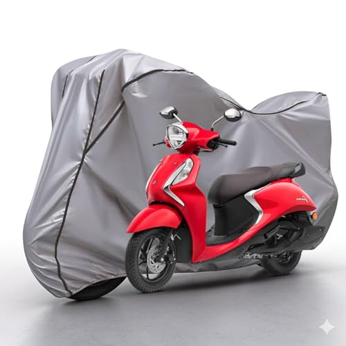 Image of Waterproof Bike Body Cover Compatible with Yamaha Fascino Dustproof Scratchproof - Motorcycle Cover for Two Wheeler, Outdoor Full Cover with UV, Duty, Rain Protection (Silver & Black)