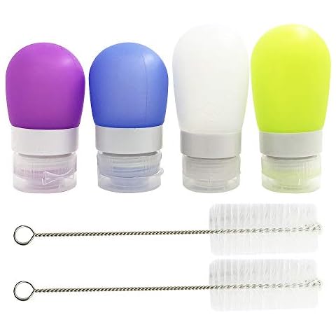 4 pcs Squeeze Salad Dressing Bottles, FineGood 1.3oz and 2 oz. Portable Sauce Containers, Leak Proof Food Storage Condiment Bottles, Comes with 2 pcs Cleaning Brushes - 4 Colors Cover