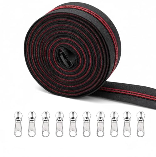 Image of Zipper Roll (Number : 5) 5 Meter with 10 Zip Puller - Two Way Open-Ended Nylon Zipper (Black & Red Stitch, 5 Meter)