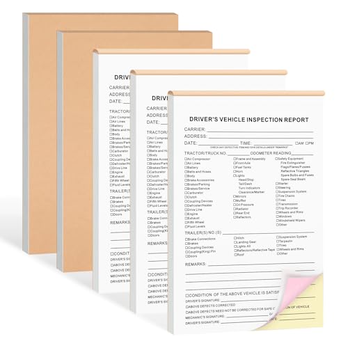 Detailed Driver's Vehicle Inspection Report Forms/Books,5 Packs 3-Ply Carbonless,50 Sets of Forms per Daily Pre-Trip Checklist Log for Truck Drivers 5.5