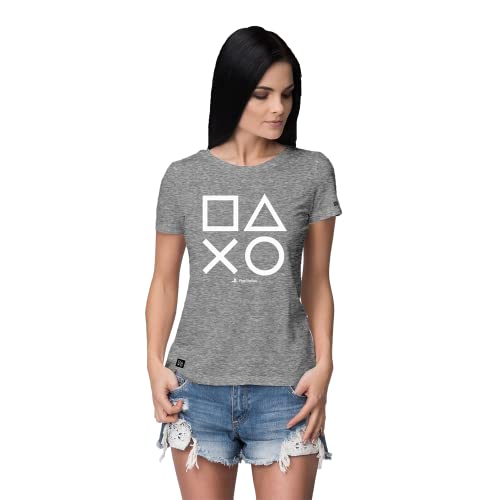 Camiseta Baby Look Playstation Classic Symbols, Sony Playstation, Mescla Grafite, M