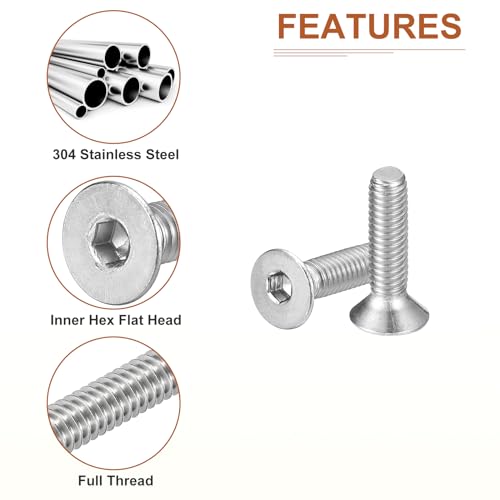 Image of DTGN M4-0.7 x 16mm Flat Head Socket Cap Screws, 100 Pack 304 Stainless Steel Hex Socket Flat Head Screws, Full Thread, Countersunk Bolts
