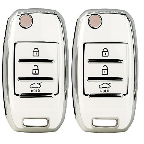 Image of KMH TPU Silver Car Smart Key Cover Compatible for Kia Seltos and Sonet 3 Push Button Smart Flip Key Shell Case Holder, Full Key Protection (Silver White) Pack of 2