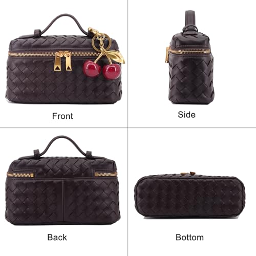 Image of Small Woven Box Crossbody Bags for Women Designer Leather Mini Top Handle Clutch Purse Square Vanity Bag with Cherry Charm