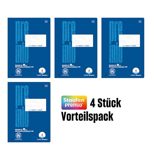 Staufen premio Schulheft - 4 Hefte je 16 Blatt, DIN A4, Lineatur 4 (9mm liniert), 90 g/m² Recyclingpapier, runde Ecken verhindern „Eselsohren“