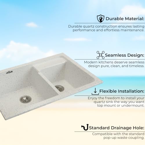 Image of ARQUIN Double Bowl Quartz Kitchen Sink 31x18x9 Inch Sand Pluto | Durable & Scratch-Resistant Sink | Undermount,Topmount | Including Coupling,Sink Connector,Waste Pipe & Fruit Washing Basket