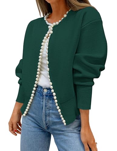 ZESICA Women's Open Front Cardigan Sweater 2025 Fall Casual Knitted Long Sleeve Pearls Trim Outerwear Coat Trendy Clothes