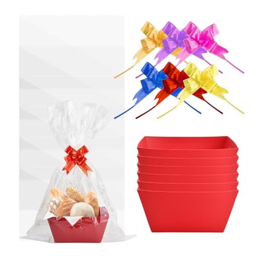 6 Pcs Cesta Regalo, 25x20x11,5cm, Cestas para Regalos Vacias con 6 Bolsas Transparentes y 6 Lazos, Caja Regalo Kraft, Canasta de Regalo con Asas, Bandeja Carton Cumpleaños Fiesta Favor (Rojo)