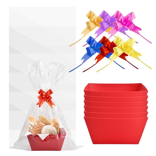 6 unidades cesta de presente, 25 x 20 x 11,5 cm, cestas para presentes vazias com 6 sacos transparentes e 6 laços, caixa de presente Kraft, cesta de presente com pegas, bandeja de cartão aniversário