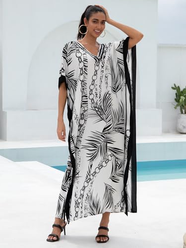 Image of KECVOT Kaftan Dresses for Women V-Neck Print Swimsuit Cover Up Plus Size Beach Caftan Lounge Dress