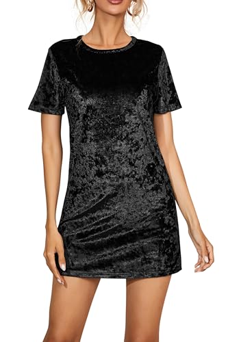 Umimore Women's Crushed Velvet Crew Neck Short Sleeve Shift Mini Dress Fall Winter Cocktail Party T-Shirt Short Dresses (Large,Black)