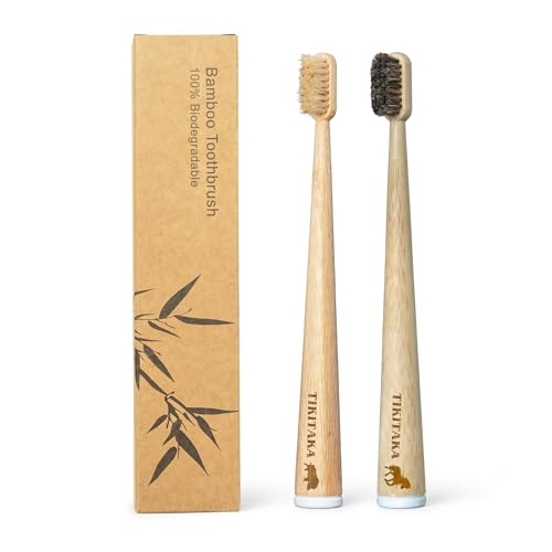 TIKITAKA FTG Natural Bristle Bamboo Toothbrush Sampler 2 Pack - 1 Boar + 1 Horsehair Brush Plastic & Nylon Free Bristles
