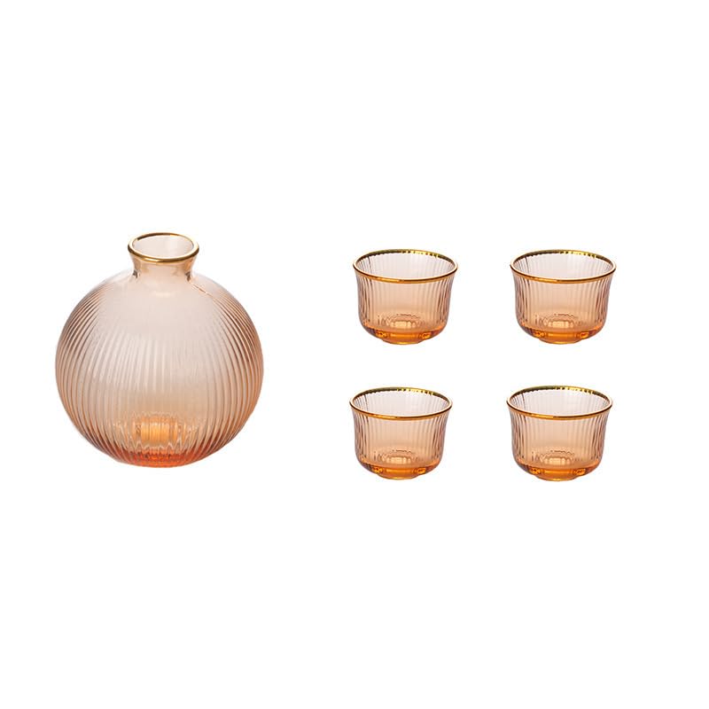 Xilin-872 Karaffe 5Pcs Vertikale Streifen Sake Topf Transparent Phnom Penh Glas 1 Topf 4 Schuss Glas Karaffe Wein Set Schnaps Spender Wein Separator Wasserflasche(Color:B)