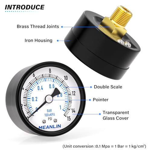 Image of MEANLIN MEASURE 0-15Psi Well Pump Pressure Gauge 1 /4 inch NPT 2 inch FACE DIAL for Water Oil Air Well Pump Tank Tire Pressure Test Back Mount, with Teflon Tape