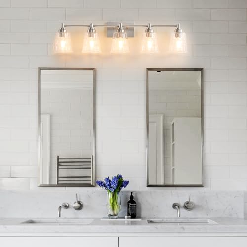 Image of Brushed Nickel Bathroom Vanity Light Fixture, 5 Light Bathroom Light Fixtures Over Mirror with Clear lampshade and Metal Base Sconce, 37 inch Modern Vanity Light for Bathroom(Exclude E26 Bulb)