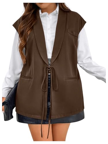 MakeMeChic Women's Plus Size PU Leather Tie Front Sleeveless Vest Lapel Blazer Jacket