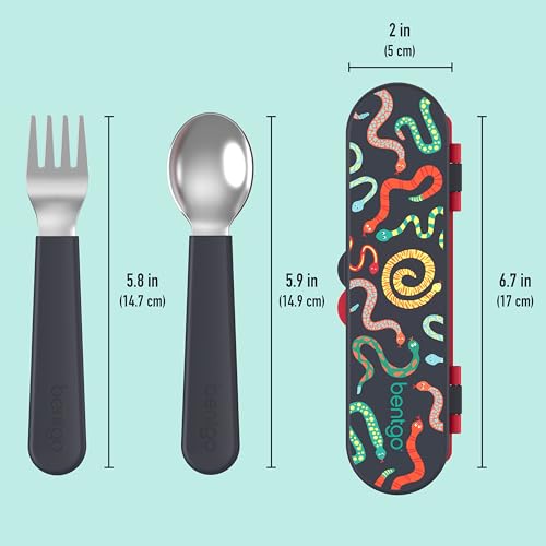 Image of Bentgo Kids Stainless Steel Utensil Set - Reusable Fork, Spoon & Storage Case, PFAS- & BPA-Free, Easy-Grip Handles, Lightweight, Dishwasher Safe, School Lunch, Travel & Outdoors (NEW Sssnakes)