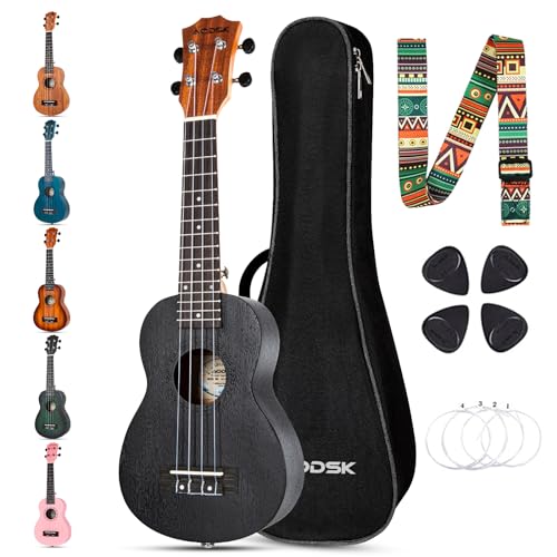 AODSK Soprano Ukulele for Beginner 21 Inch Ukelele Kit with Gig Bag StrapTuner Strings Picks Cloth Holiday Gift (Black, Sopra