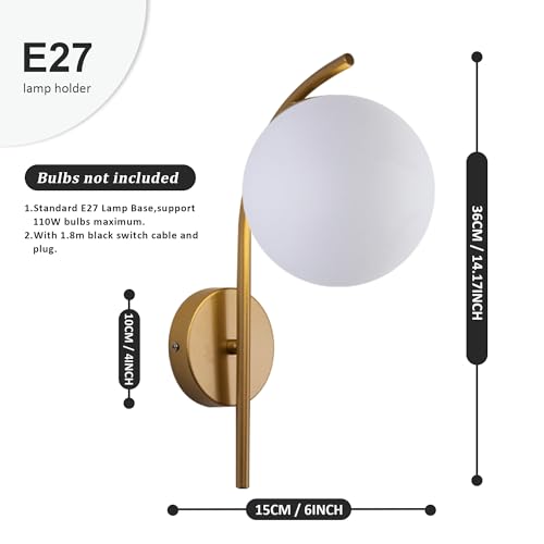 Image of Wall Sconces Plug in Set of 2, Hanging Wall Lamp with Plug in Cord, Metal Wall Lamp White Glass Globe Indoor Wall Decor Light for Bedroom, Farmhouse, Hallway, Living Room, Kitchen, Gold