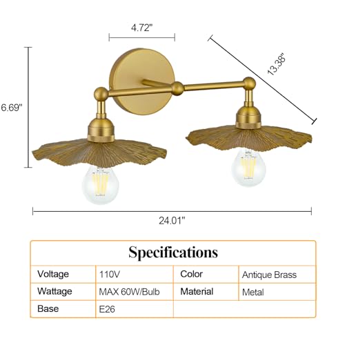 Image of PASSICA DECOR Hardwired 2 Head Wall Sconce Indoor Wall Light Antique Brass 2-Lights with Flower Shade Wall Lighting Fixture for Bathroom Vanity Kitchen Sink Bedrroom Living Room Farmhouse