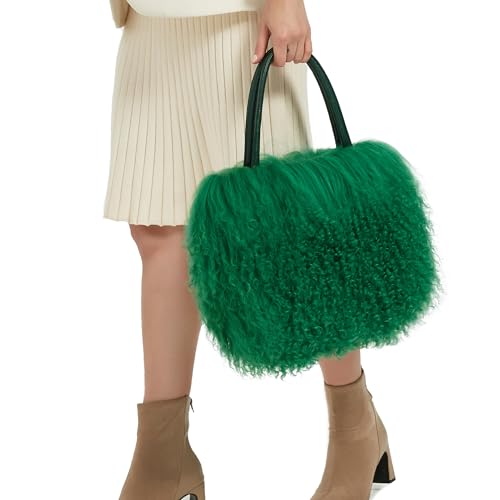 Image of Women Luxury Real Lamb /Mongolian Flush Wool Fur With Genuine Leather Handles Handbag