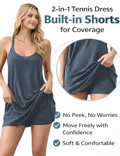 Image of Womens Athletic Sundress with Built-in Shorts Golf Tennis Romper | Sleeveless Mini Spaghetti Strap dress Functional side pockets tummy-friendly fit casual beach vacation
