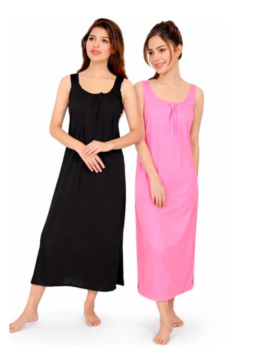 Image of Women's Sleeveless Maxi Night Dress, Spaghetti Strap Nighty, Comfortable Sleepwear Pack of 2