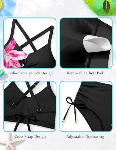Image of Teen Girls Swimsuits V-Neck Bikini Set Bathing Suits Cross Straps Two Piece Swimwear with Drawstring