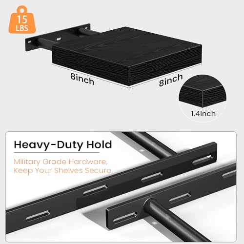 Image of Fun Memories Floating Shelves for Wall, 8 Inch Set of 4 Rustic Wood Wall Shelves with Invisible Brackets, Heavy Duty Storage Display for Bathroom Bedroom Living Room Kitchen, Black