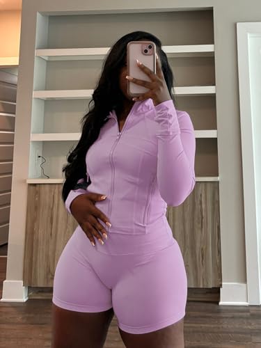 Vssjavun Women 2 Piece Outfits Sweatsuit Sets Long Sleeve Full Zip Workout Jacket Bodycon Shorts Set Tracksuit Loungewear4