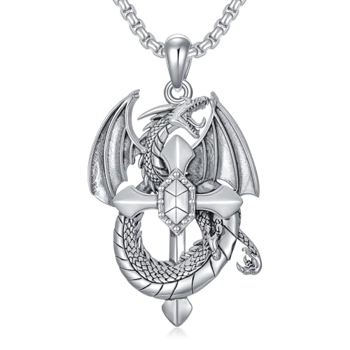 Dragon Necklace - Sterling Silver Unique Dragon Cross Religious Ball Pendant Necklace Personalized Jewelry Gifts for Men - Stainless Steel Chain 22+2