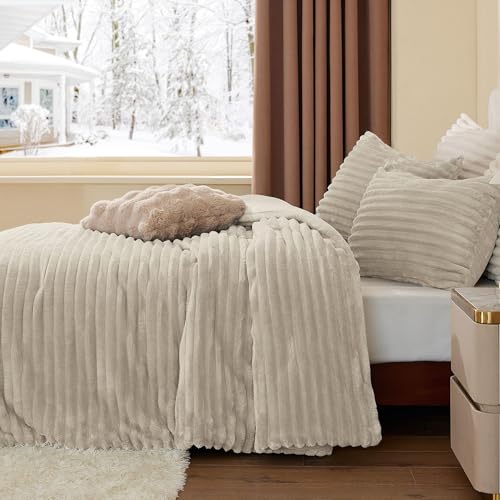 Image of BEDELITE Fleece Oversized Queen Comforter Set, Fluffy Bed Set, Linen | Super Soft & Warm Bedding, Luxury Fuzzy Faux Fur Comforter for Winter, Heavy Plush Bedding, with 2 Pillowcases