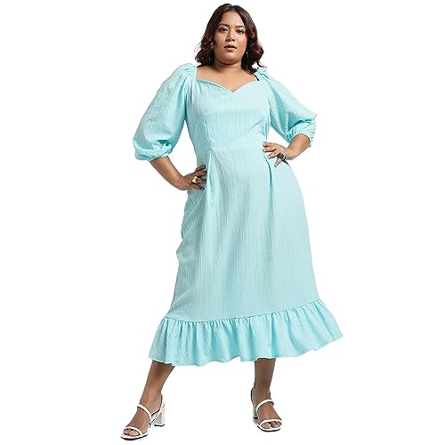 Image of Instafab Plus Women's Sky Blue Ruffle Hem Dress for Casual Wear | Quarter Sleeve | Polyester Fabric | Sweetheart Dress Crafted with Comfort Fit for Everyday Wear (3XL)