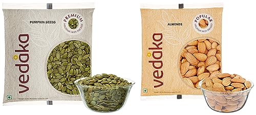 Image of Amazon Brand - Vedaka Premium Pumpkin Seeds, 100g and Amazon Brand - Vedaka Popular Whole Almonds, 100g