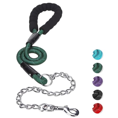 MIHACHI Guinzaglio per cani anti masticazione, resistente, con catena anti-morso e morbido manico imbottito, nessun groviglio, guinzaglio resistente con fili riflettenti, verde