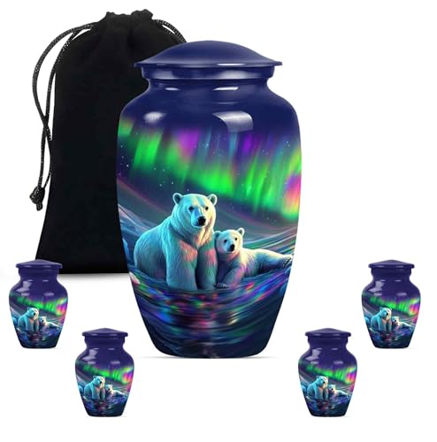 Image of Northern Lights Polar Bear Urn for Adult Ashes Male & Female - Large & Keepsake Memorial Urns for Human Ashes - Elegant Aurora Borealis Themed Burial Urns - Decorative Urn (1 Large 4 Keepsake)