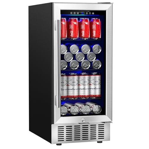 AAOBOSI Beverage Cooler 15 Inch Hold 120 Cans,Under Counter/Freestanding Beverage Refrigerator Glass Door,Built-In Bar Fridge Perfect For Beer,Soda Drink,Home Use/Basement