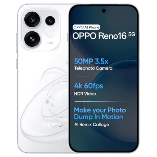 OPPO Reno16 5G Smartphone 8+256GB White with No Cost EMI