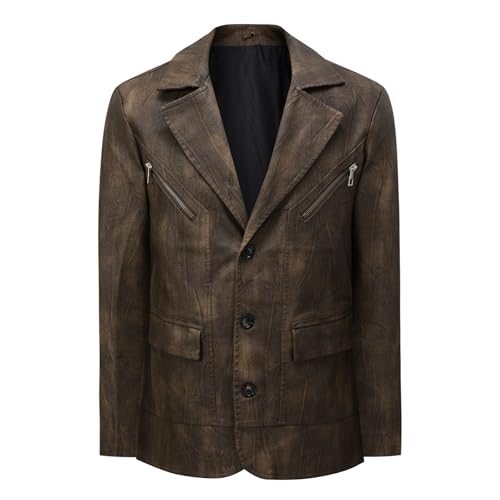 YFFUSHI Blazer Homme Vintage en Cuir Veste à 3 Boutons Revers Cran Classique Décontractée, Marron, M