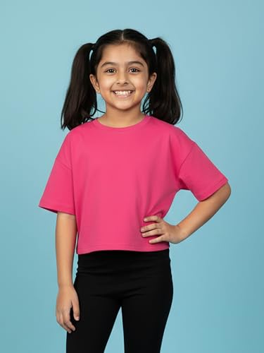 Image of KiddoPanti Girls 100% Cotton Solid Drop Shoulder Half Sleeve Round Neck Crop Tee