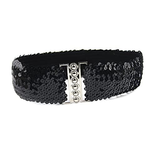 YouU Cinturón ancho de lentejuelas para mujer - Cinturón ancho de tela elástica con purpurina para niñas Cinch-Four Colors(Negro) Cover