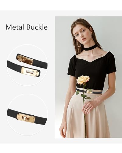 Women's Skinny Leather Belt with Adjustable Golden Turn-Lock Buckle - Ideal for Dresses, Jeans, and Coats, Black3