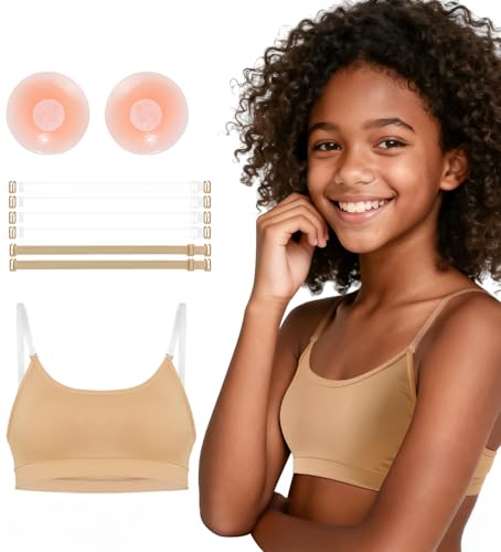 Sanmsoner Seamless Nude Dance Bra for Girls Teens Adjustable Ballet Gymnastics Sports Bras,Clear Straps,Silicone Pads(8E-18-1-M)