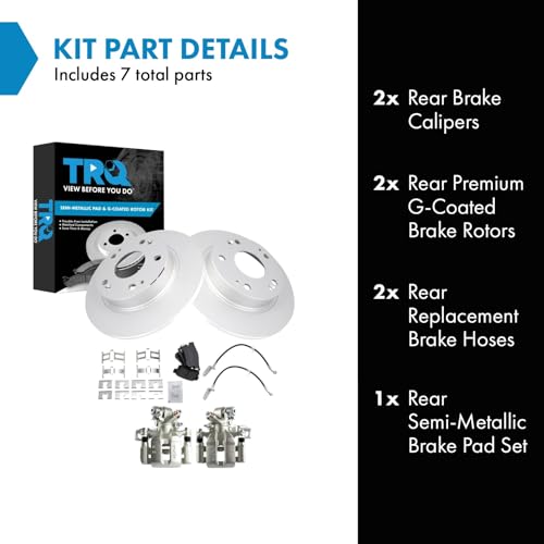 Image of TRQ Rear Brake Pad and Rotor Set Semi Metallic Coated Rotors Calipers Hoses Compatible with 2006-2011 Honda Civic
